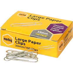 Marbig Paper Clips Large 33mm Chrome Box Of 100 