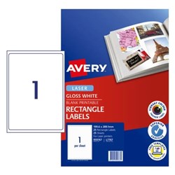 Avery Colour Laser Label Gloss White L7767 199.6x289.1mm 1UP 25 Labels 25 Sheets