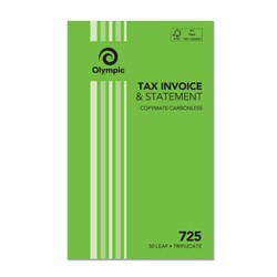 Olympic No 725 Carbonless Triplicate Invoice Statement Book 200 x 125mm 50 Leaf Green