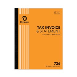 Olympic No 726 Invoice Statement Carbonless Duplicate Book 250x200mm 50 Leaf Orange