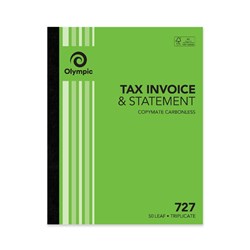 Olympic No 727 Carbonless Triplicate Invoice Statement Book 250 x 200mm 50 Leaf Green