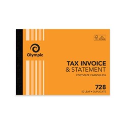 Olympic No 728 Invoice Statement Carbonless Duplicate Book 210x148mm 50 Leaf Orange