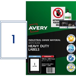 Avery Identification Laser Heavy Duty White L7067 199.6 x 289.1mm 1UP 25 Labels
