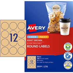 Avery Blank Printable Labels L7106 60mm Round Kraft Brown 12UP 180 Labels 15 Sheets